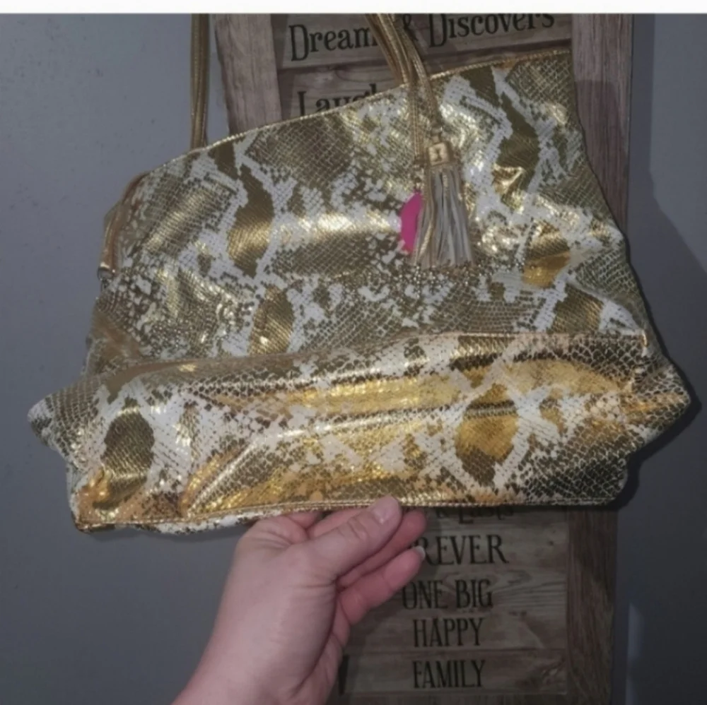 100%real Leather Vintage rare betsey johnson gold snakeskin tote